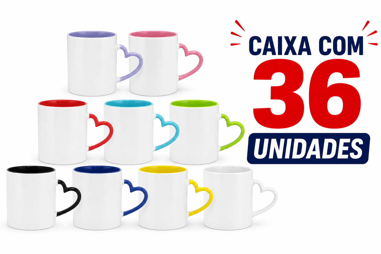CANECA CORAÇÃO C/ ALÇA E INTERIOR COLORIDA - CX 36