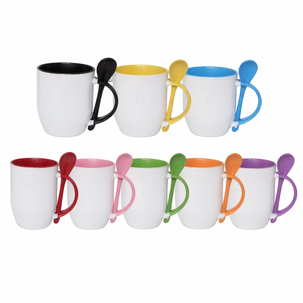 Caneca de Cerâmica Branca com Colher - Interno e Alça Colorido