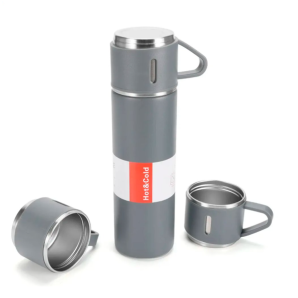 Kit Garrafa Térmica CINZA C/ 3 Xícaras Camada Dupla Aço Inox