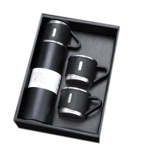 Kit Garrafa Térmica PRETA C/ 3 Xícaras Camada Dupla Aço Inox