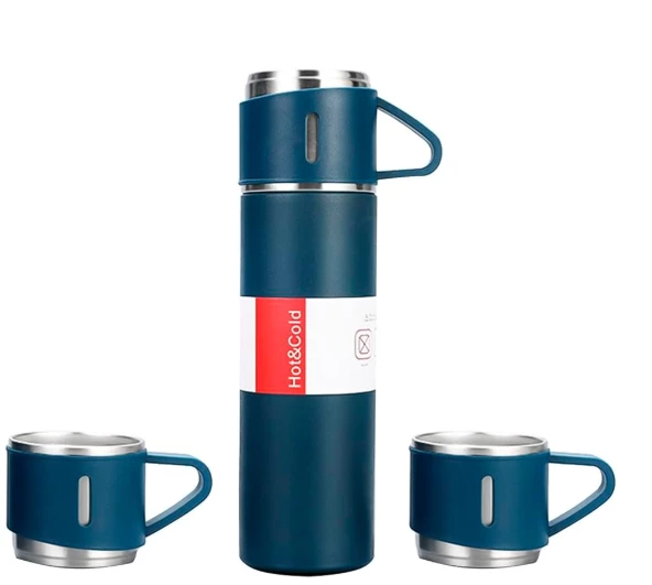 Kit Garrafa Térmica AZUL C/ 3 Xícaras Camada Dupla Aço Inox