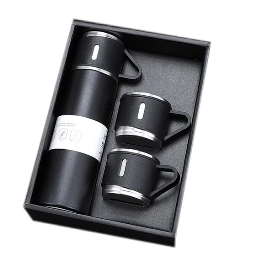 Kit Garrafa Térmica PRETA C/ 3 Xícaras Camada Dupla Aço Inox