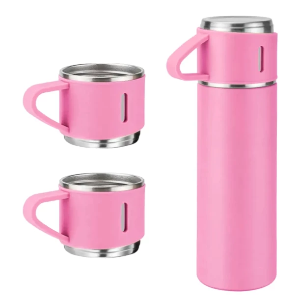 Kit Garrafa Térmica ROSA C/ 3 Xícaras Camada Dupla Aço Inox