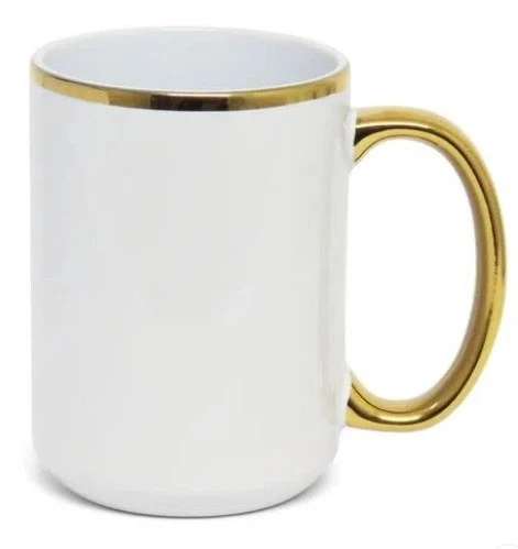 CANECA CERAMICA 440ML- BRANCO- ALÇA E BORDA OURO