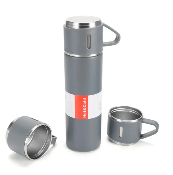 Kit Garrafa Térmica CINZA C/ 3 Xícaras Camada Dupla Aço Inox