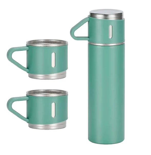 Kit Garrafa Térmica VERDE C/ 3 Xícaras Camada Dupla Aço Inox