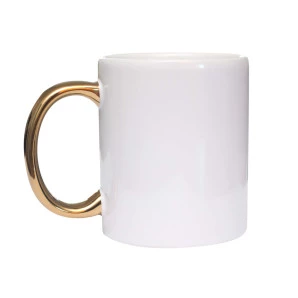 Caneca Cerâmica Branca com Alça Cromada Dourada
