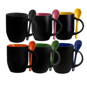 CANECA MAGICA COM COLHER- PRETA FOSCA- INTERNO COLORIDO