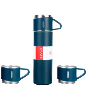 Kit Garrafa Térmica AZUL C/ 3 Xícaras Camada Dupla Aço Inox