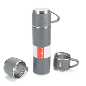 Kit Garrafa Térmica CINZA C/ 3 Xícaras Camada Dupla Aço Inox