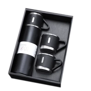 Kit Garrafa Térmica PRETA C/ 3 Xícaras Camada Dupla Aço Inox