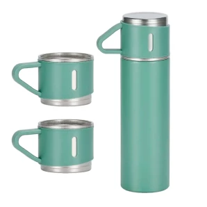 Kit Garrafa Térmica VERDE C/ 3 Xícaras Camada Dupla Aço Inox