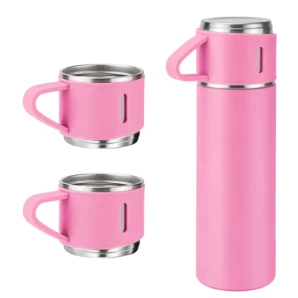 Kit Garrafa Térmica ROSA C/ 3 Xícaras Camada Dupla Aço Inox